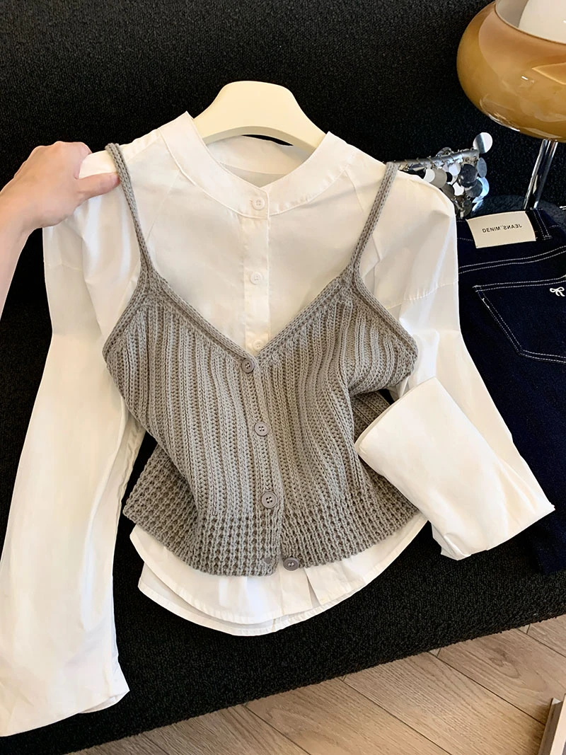 2025早秋季新款韩系圆领长袖衬衫搭配短款针织吊带背心两件套装女