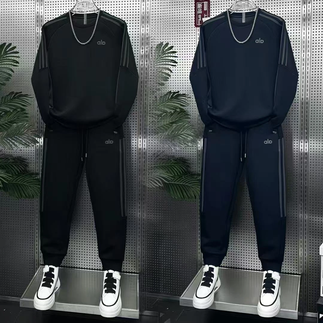 秋冬男士舒适时尚两件套潮流条纹百搭圆领卫衣弹力运动休闲束脚裤