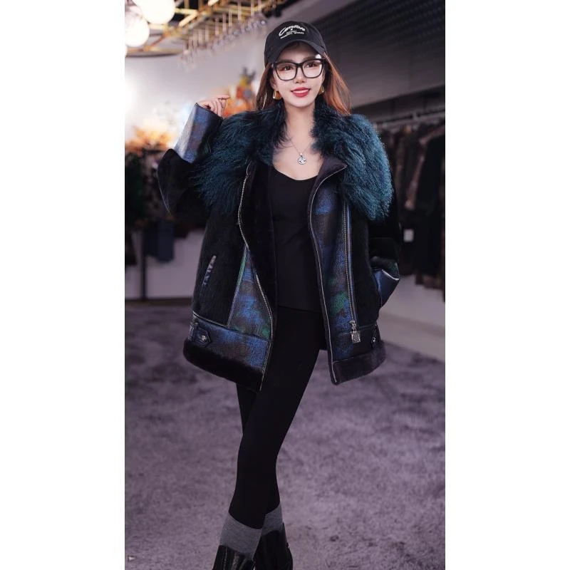 【Yongjia】皮毛一体女士外套22103时尚设计师拼接轻奢秋冬