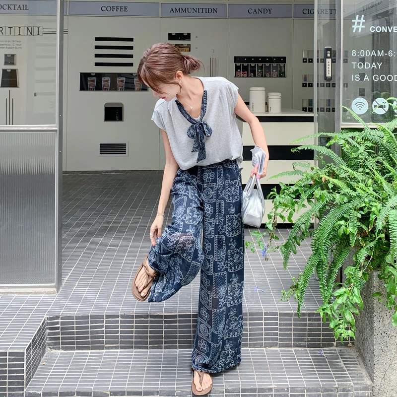 韩系丝巾针织T恤民族风印花阔腿裤2025夏季新款松弛感显瘦套装裤