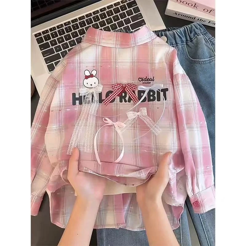 女童格子衬衫春秋2025新款韩版中大童蝴蝶结开衫衬衣洋气休闲上衣