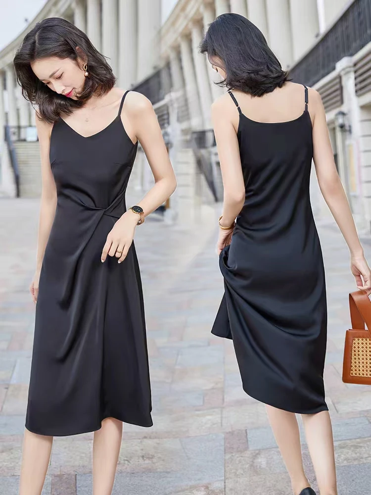 高端醋酸缎面连衣裙女吊带裙夏季2024新款气质女神范西装内搭长裙