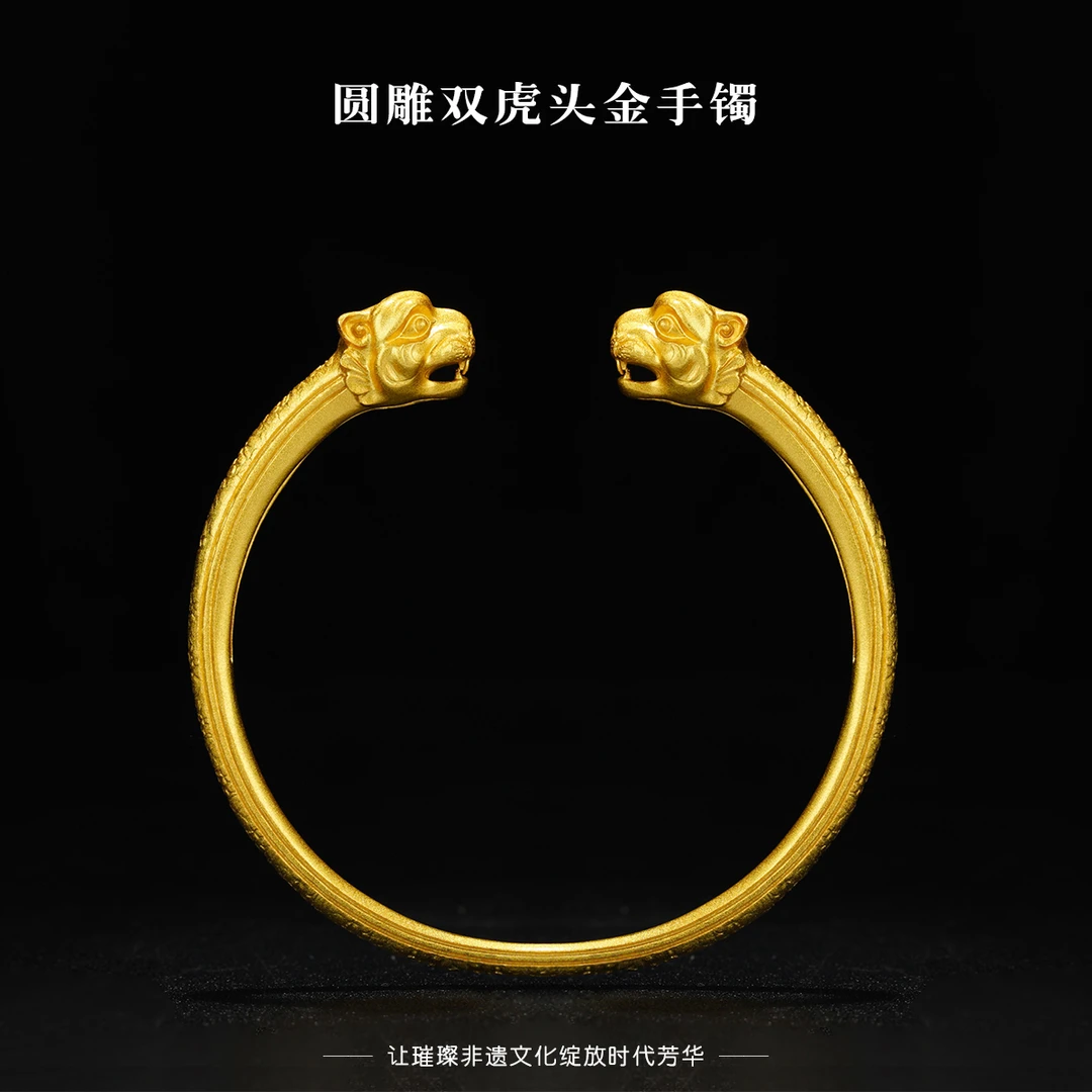 925银银制品 江夏堂银镀金复原圆雕双虎头手镯汉服配饰开口可调节