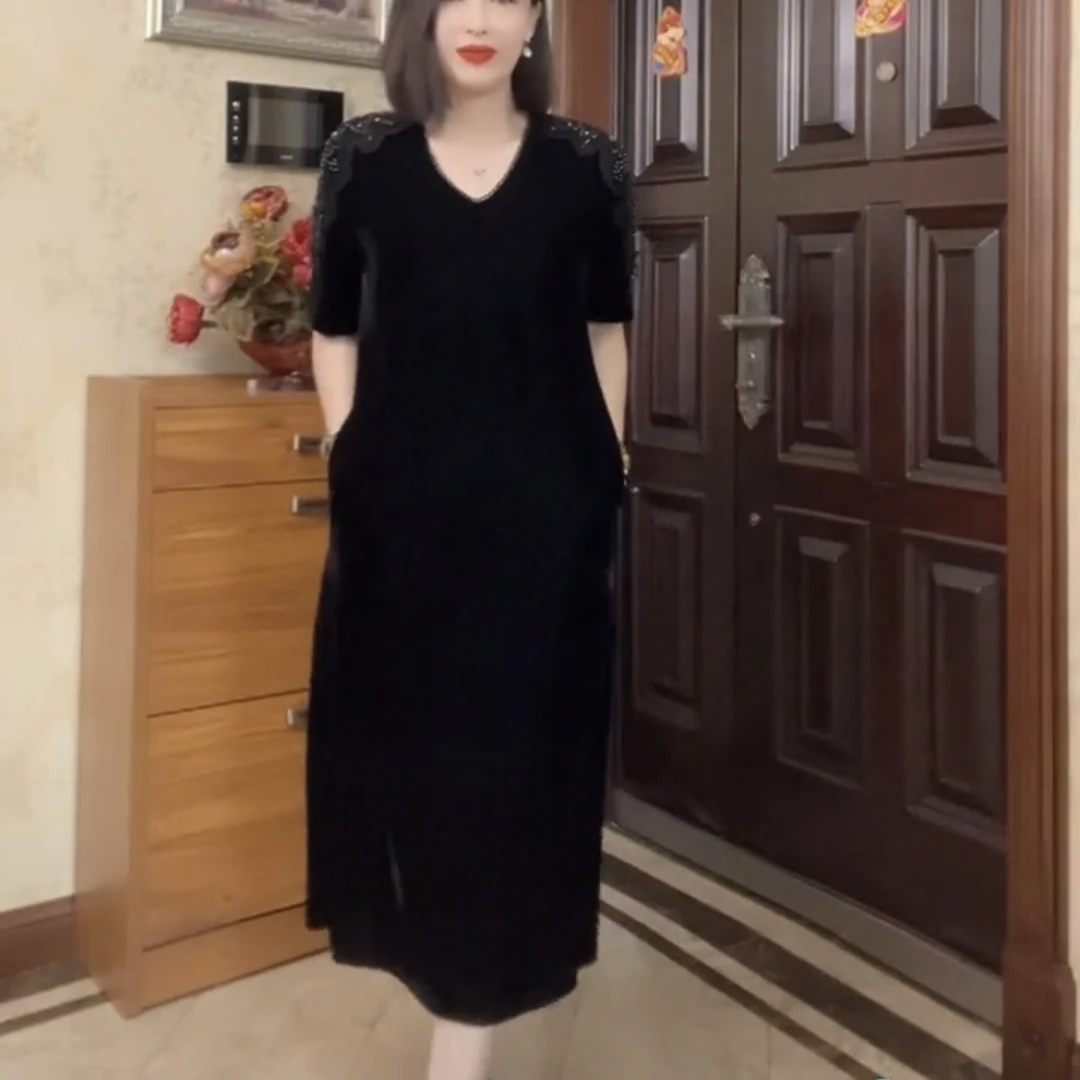 夏季 新款丝绒袖子钉珠半袖长款连衣裙时尚装肉显瘦07