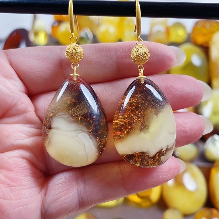 琥珀银S925镶嵌裸石耳环