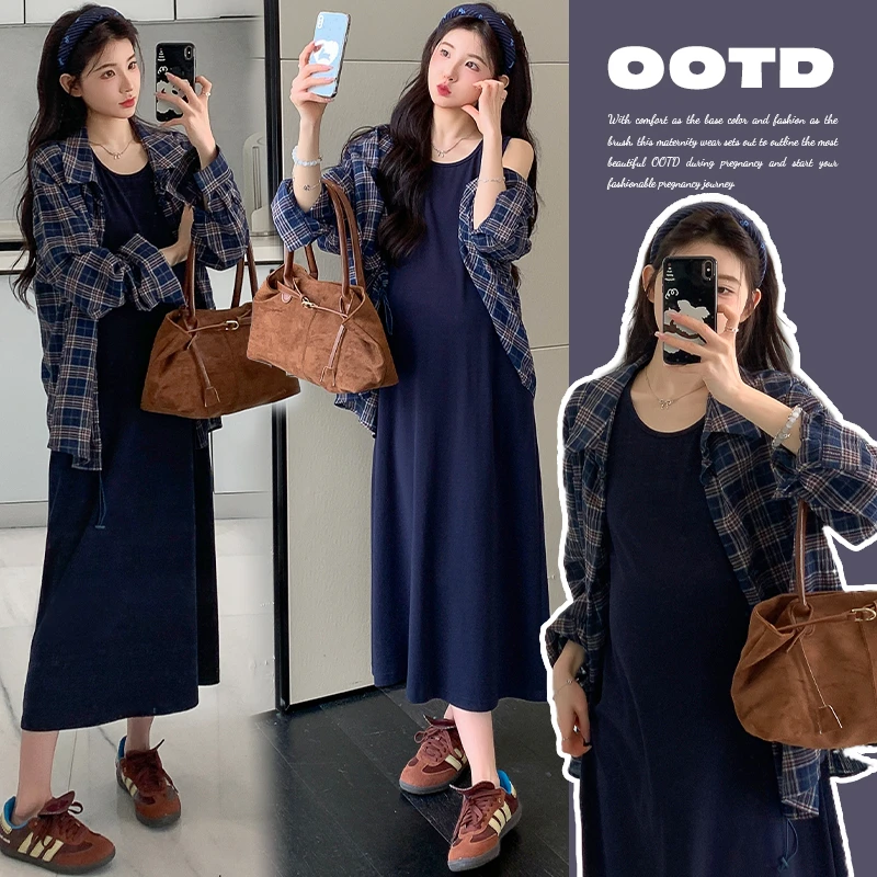 孕妇装春秋款2025新款套装韩版宽松减龄连衣裙两件套孕妈高级穿搭