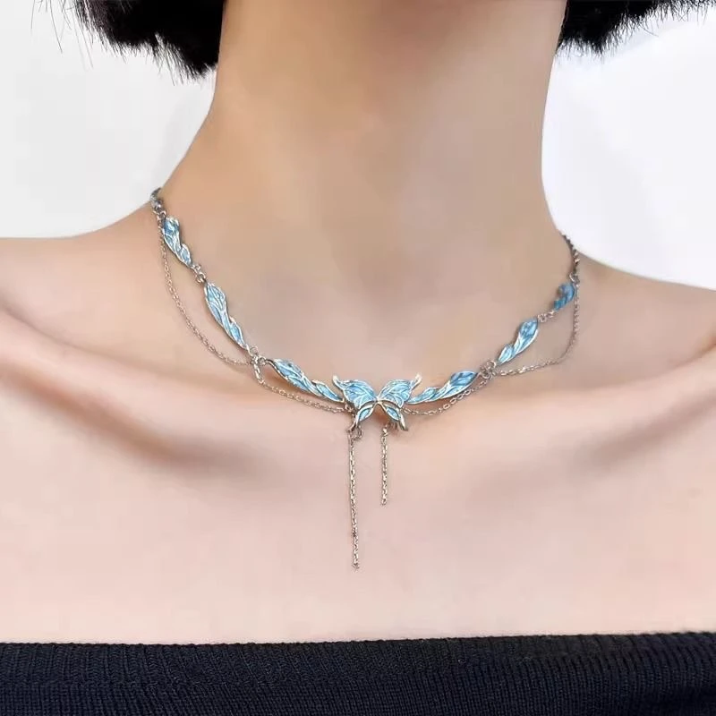 合金项链 X0059 梦蝶少女心蓝色蝴蝶项链女小众设计高级感森系