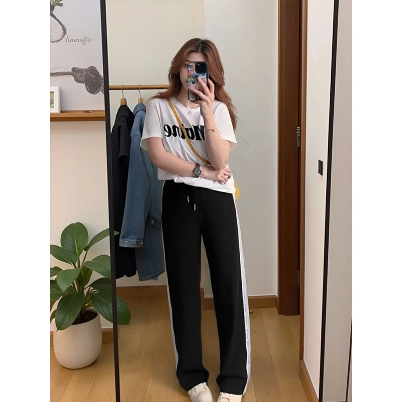 阔腿裤女高腰垂感梨型身材240斤胖MM大码女装蕾丝花边长裤3517