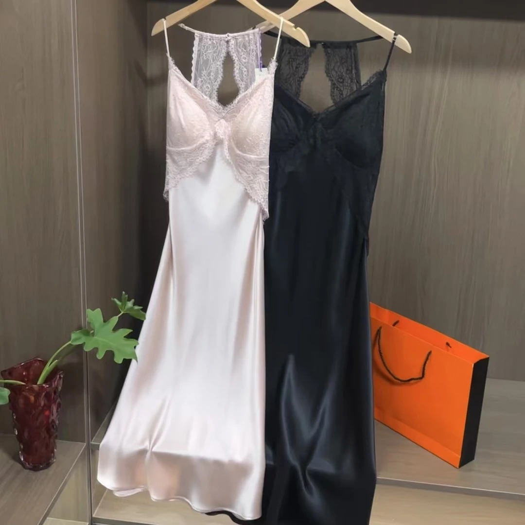 【日月禾】真丝吊带100%桑蚕丝真丝性感吊带裙带胸垫长裙D2429