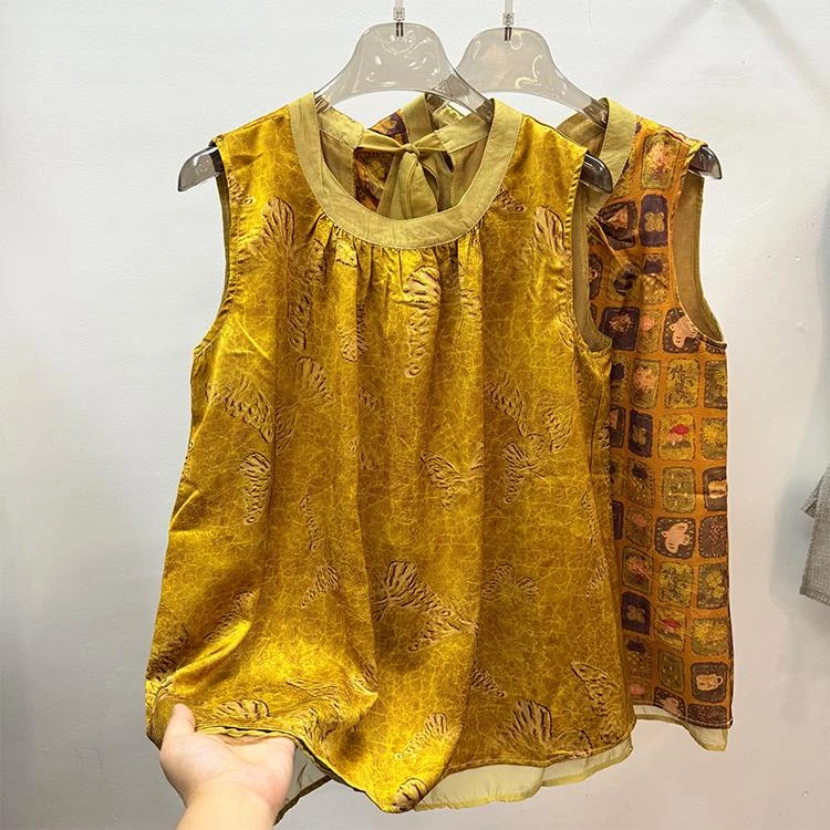 新中式圆领无袖薄款衬衫女夏季新款设计感上众后绑带镂空无袖小衫