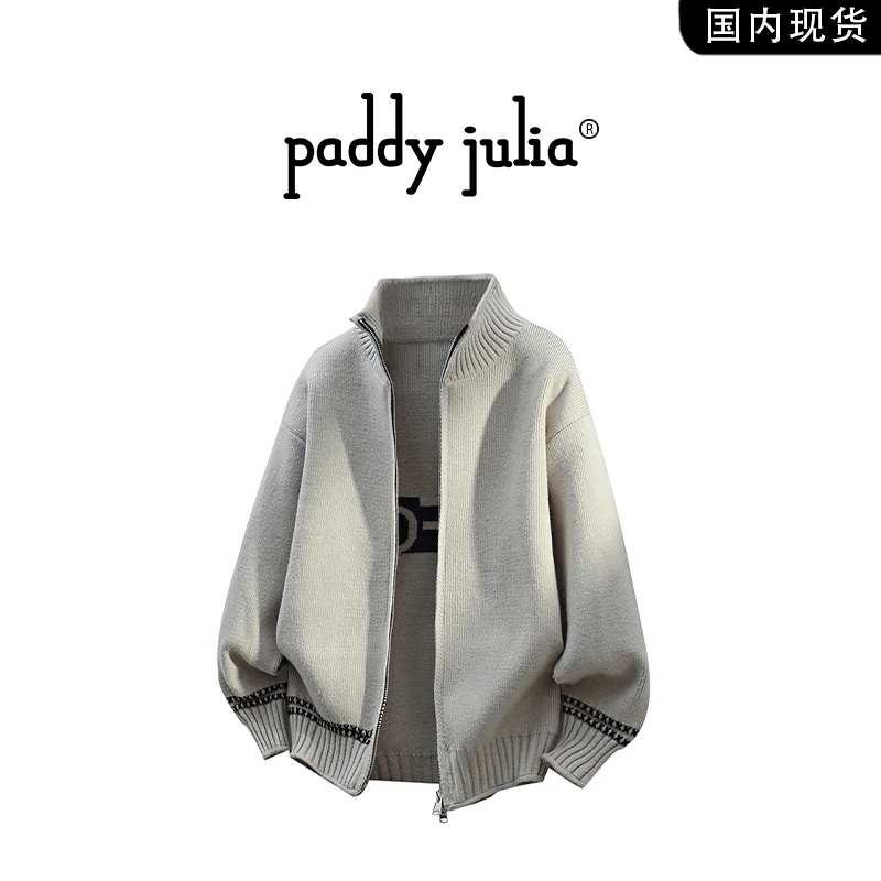 Paddy julia字母印花拉链开衫毛衣男秋季宽松休闲针织高级感外套