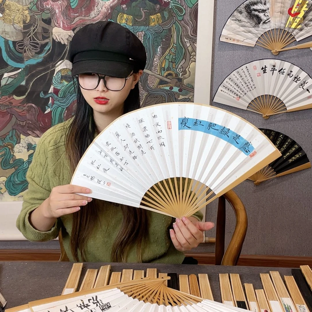 国画95寸玉竹-纯手绘-文玩扇骨（默认粘好）