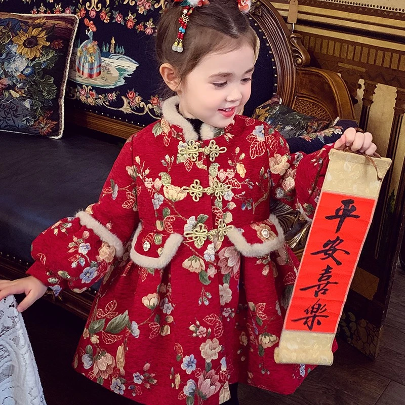 【现货】米米哈罗女童拜年服中国风红色连衣裙旗袍裙 D240180