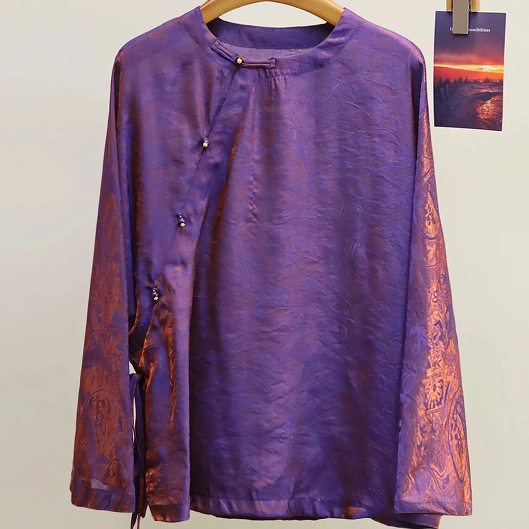 新中式国风玫红色暗纹提花上衣女2025秋季新款斜襟盘扣人丝衬衫