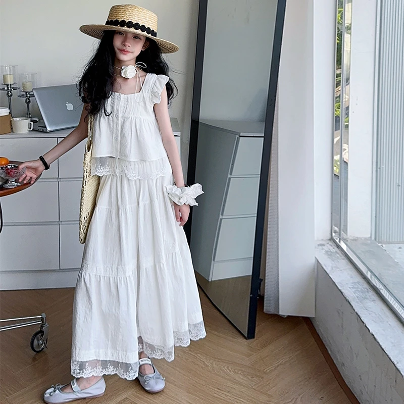 女童女孩套装薄款法式清冷小飞袖上衣百搭半身裙两件套2025夏