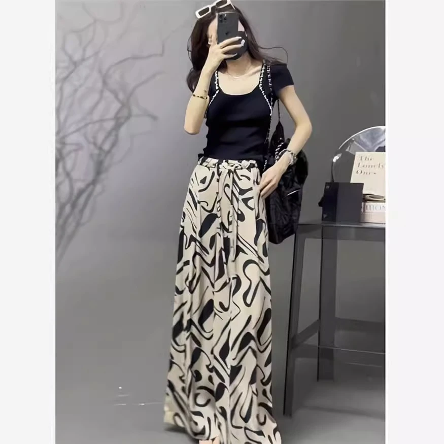 时尚百搭洋气扎染阔腿裤夏季新款休闲裤女高腰宽松大码显瘦拖地裤