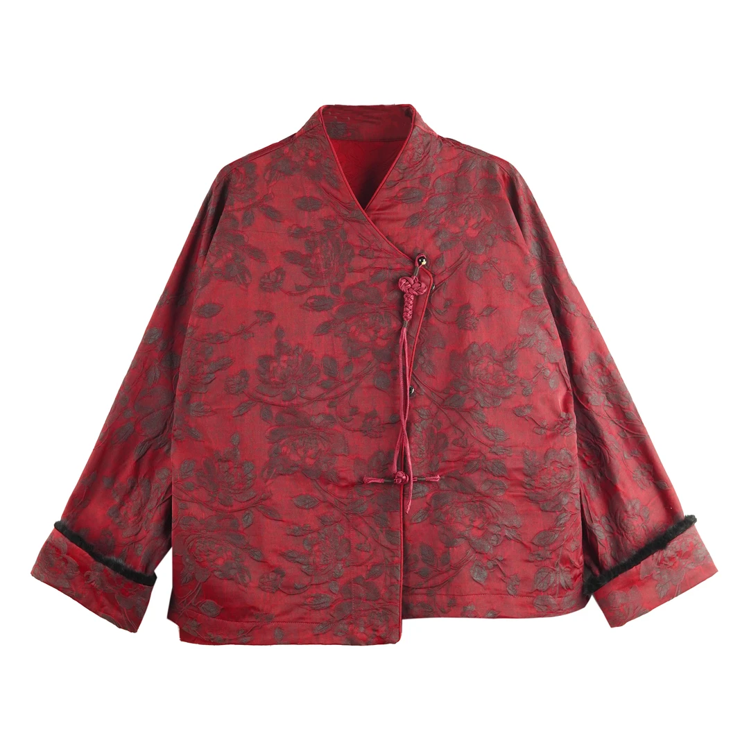 YZ 2025新款红色柞蚕丝缠枝花纹长袖拼接水貂毛中国风外套 24796M