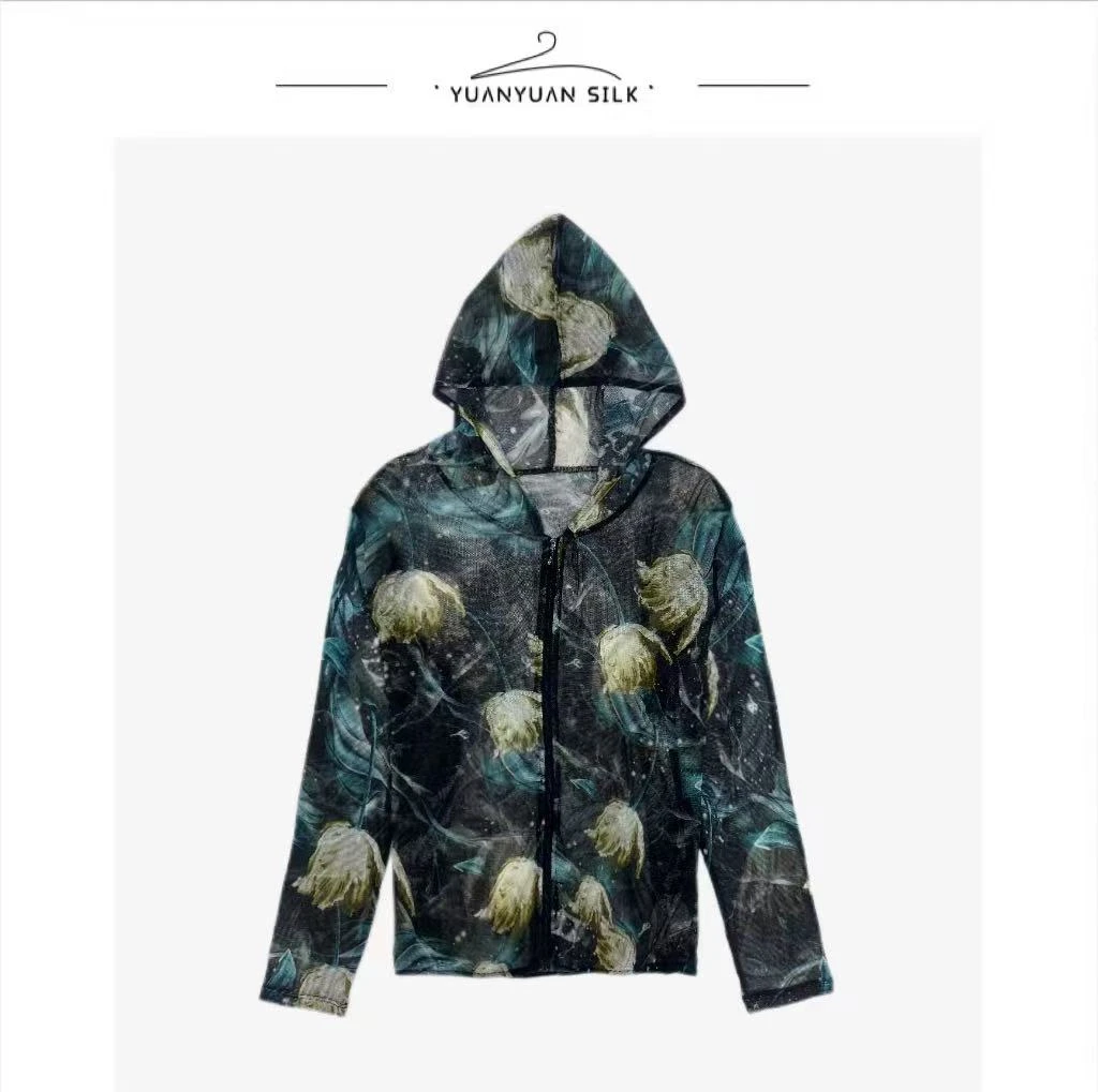 Q  凉爽到爆！一眼心动！42针100%桑蚕丝印花上新款连帽开衫n40