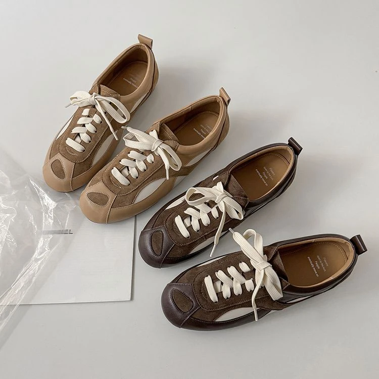 法式复古经典百搭全皮德训鞋运动休闲板鞋绝美棕色平底保龄球单鞋