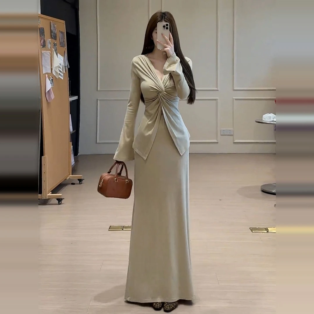 显瘦气质长裙法式收腰修身长袖时尚复古包臀名媛秋季轻熟风设计感