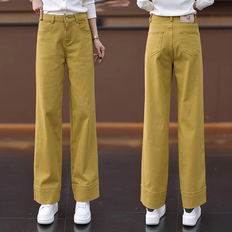 黄色牛仔窄版阔腿裤女秋冬季2025新款高腰显瘦宽松独特超火直筒裤