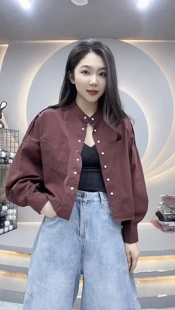 2025春季新款时尚休闲棉宽松立领衬衫女装上衣