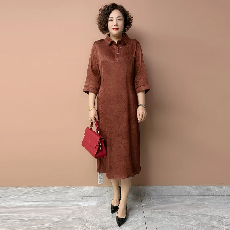 H夏季上新阔太太中袖中式国风真丝缎提花连衣裙时尚娃娃领中长裙