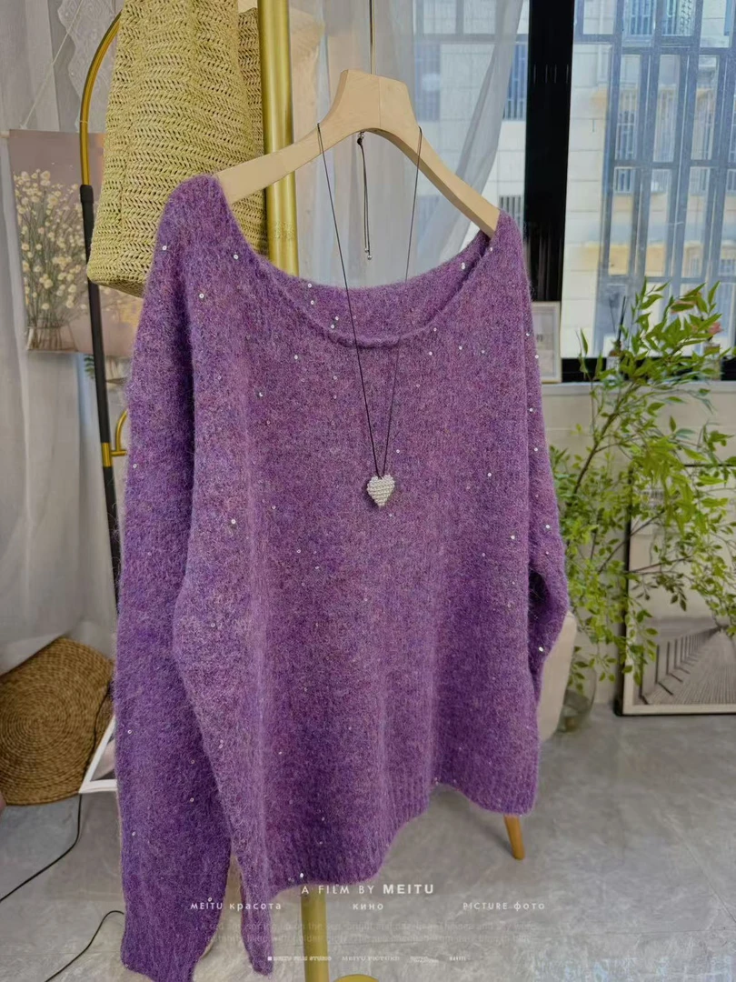 韩版时尚亮片慵懒风露肩一字领套头毛衣女秋冬新款洋气针织衫上衣