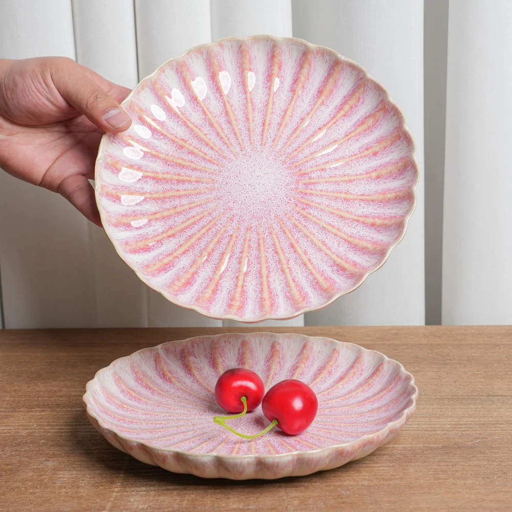 【正品】小盘釉下彩陶瓷盘家用复古窑变樱花粉天目菊平盘高颜值MW