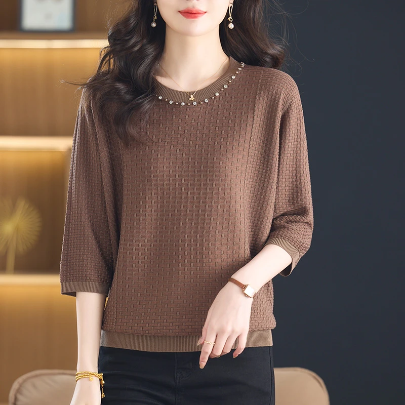 200斤加肥加大码中袖上衣女七分袖高端t恤中年妈妈春秋遮肚子体恤