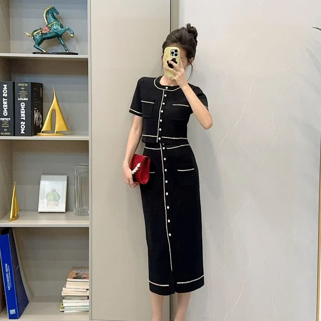 25027-25028小香风气质时尚优雅名媛修身长袖法式复古套装