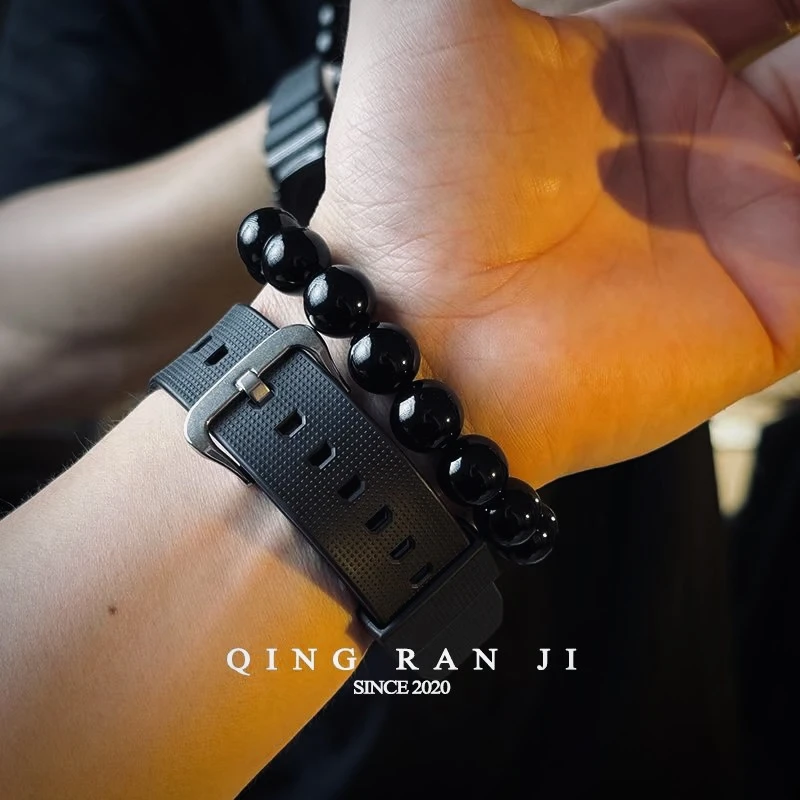 非金属玻璃手链 黑石手串基础百搭帅气男士手链圆珠手串男生礼物