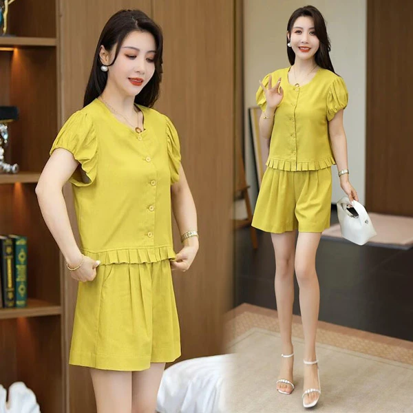 显瘦短裤套装女2025夏季收腰短袖遮肚子休闲绣花洋气减龄两件套