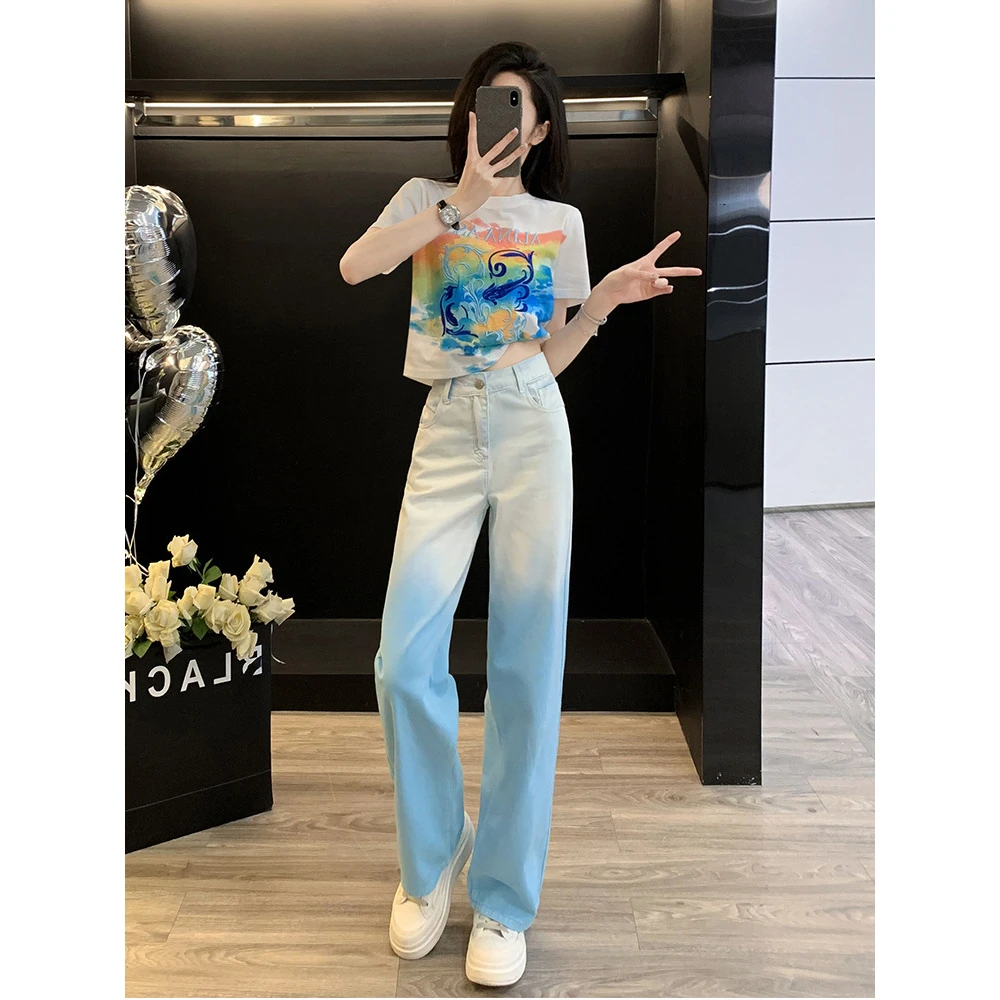 休闲多巴胺潮流女装百搭短袖显瘦气质减龄渐变直筒牛仔裤夏季外穿