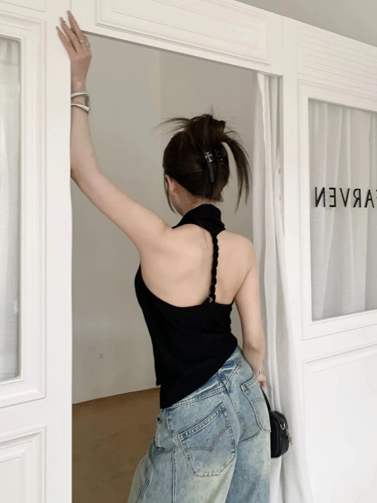 韩版气质挂脖黑色背心小众设计感冰丝针织上衣显瘦性感百搭坎肩潮