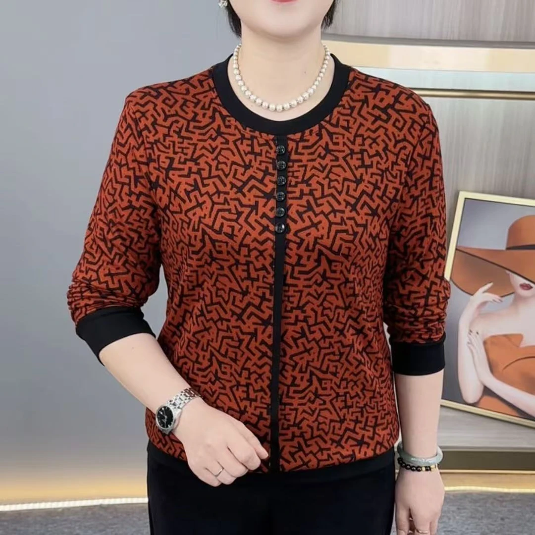 秋季新款时尚圆领中老年气质妈妈装休闲洋气百搭长袖上衣H6606