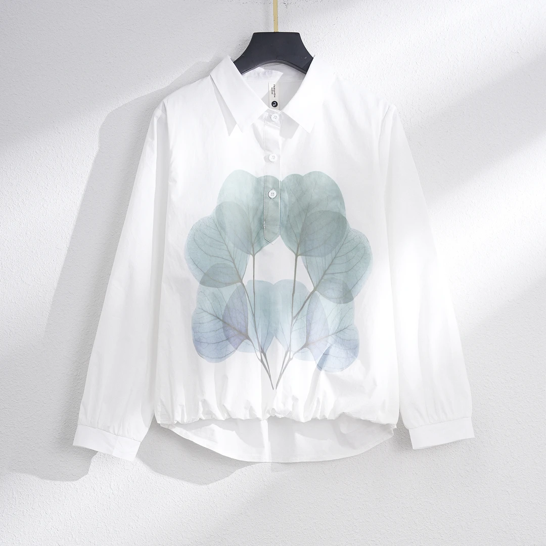 【春季新款】春季树叶印花简约优雅气质减龄长袖小衫CC5586 衣长63