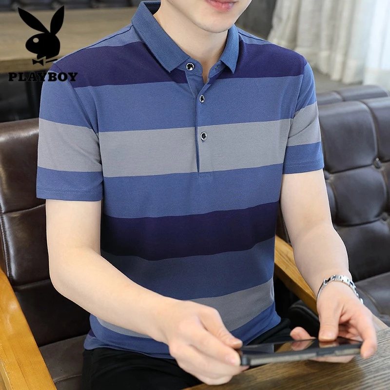 花花公子夏季时尚潮牌宽条纹polo衫男士短袖翻领纯棉青年拼色上衣