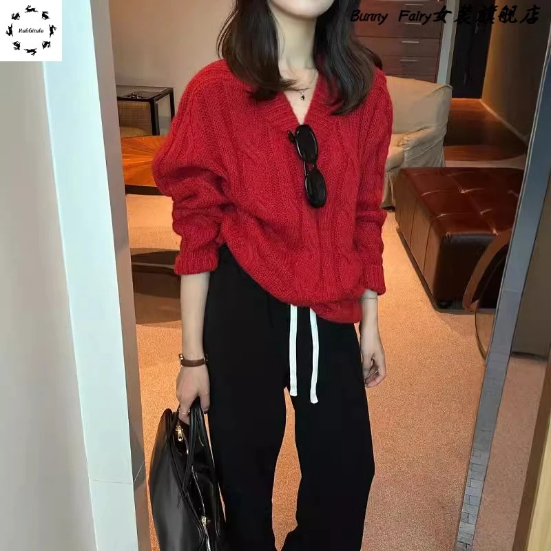 红复古麻花v领套头精致针织衫外穿上衣宽松慵懒毛衣女秋冬