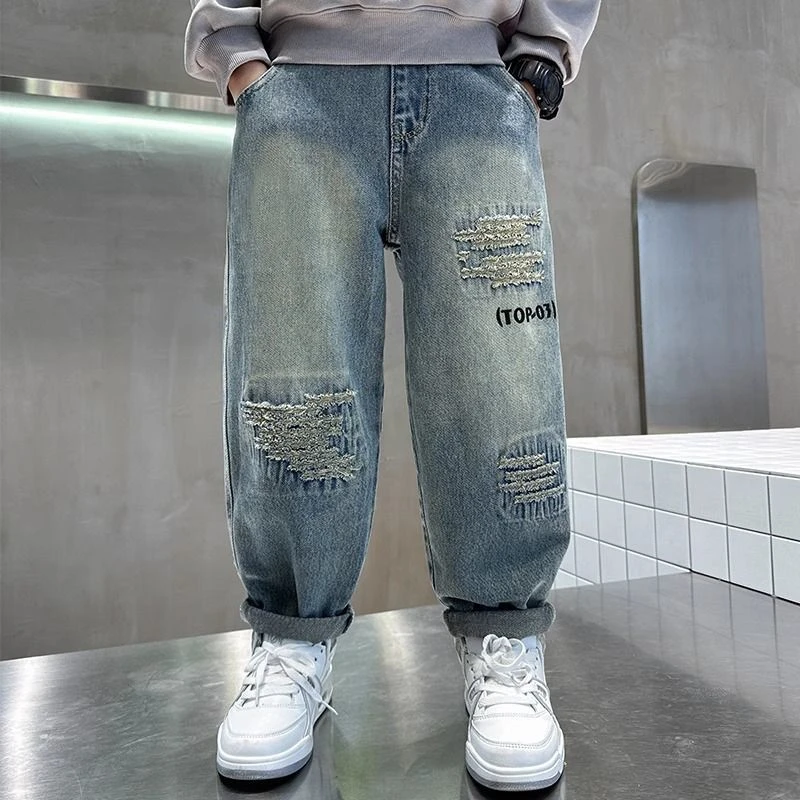 男童爆款牛仔裤春秋款新款时尚炸街痞帅破洞复古裤子春款外穿潮流