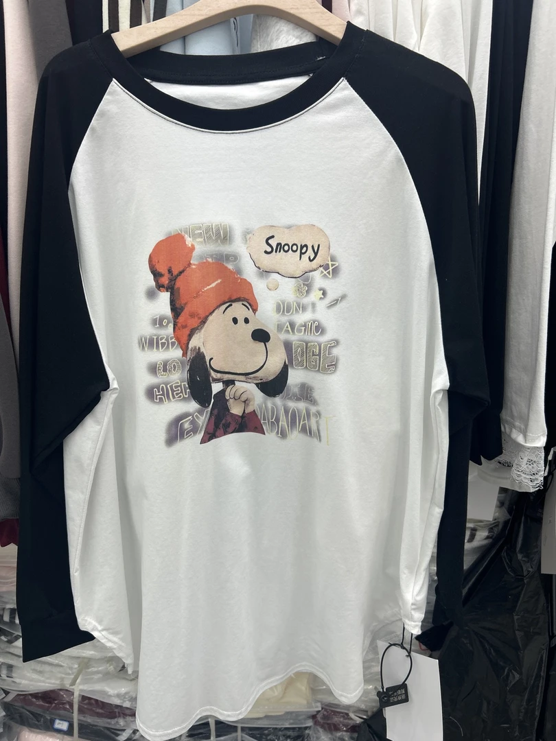 尹春夏甜品蛋糕印花拼接撞色插肩t恤女宽松甜美减龄学院风上衣