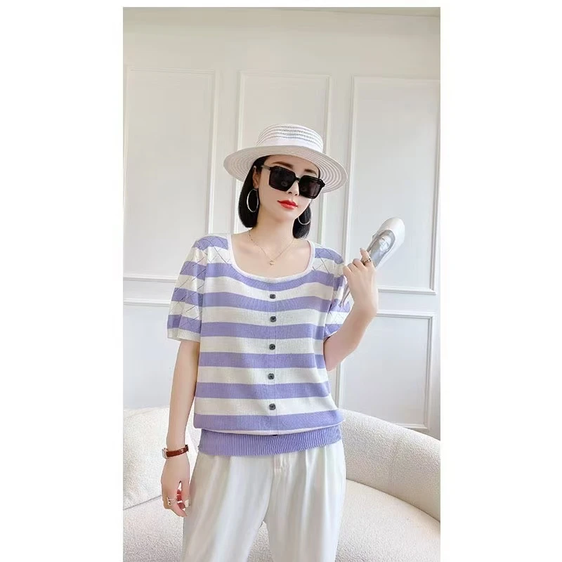 A751-800短袖夏季方领镂空不起球毛针织衫套头宽松显瘦海妖风