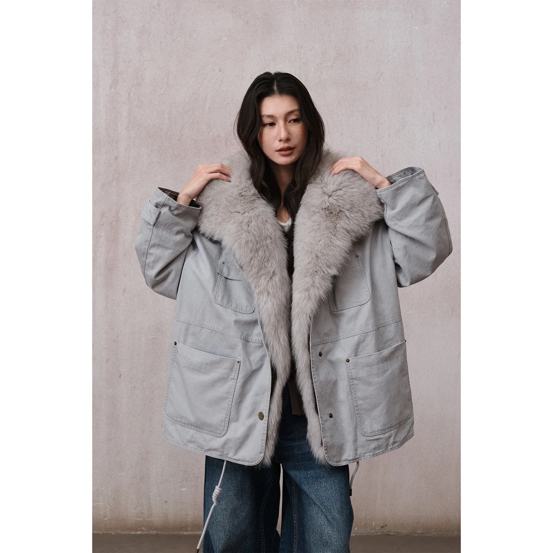 COMOS CMS 2025中长款宽松棉布毛领90白鸭羽绒服外套女冬季255220