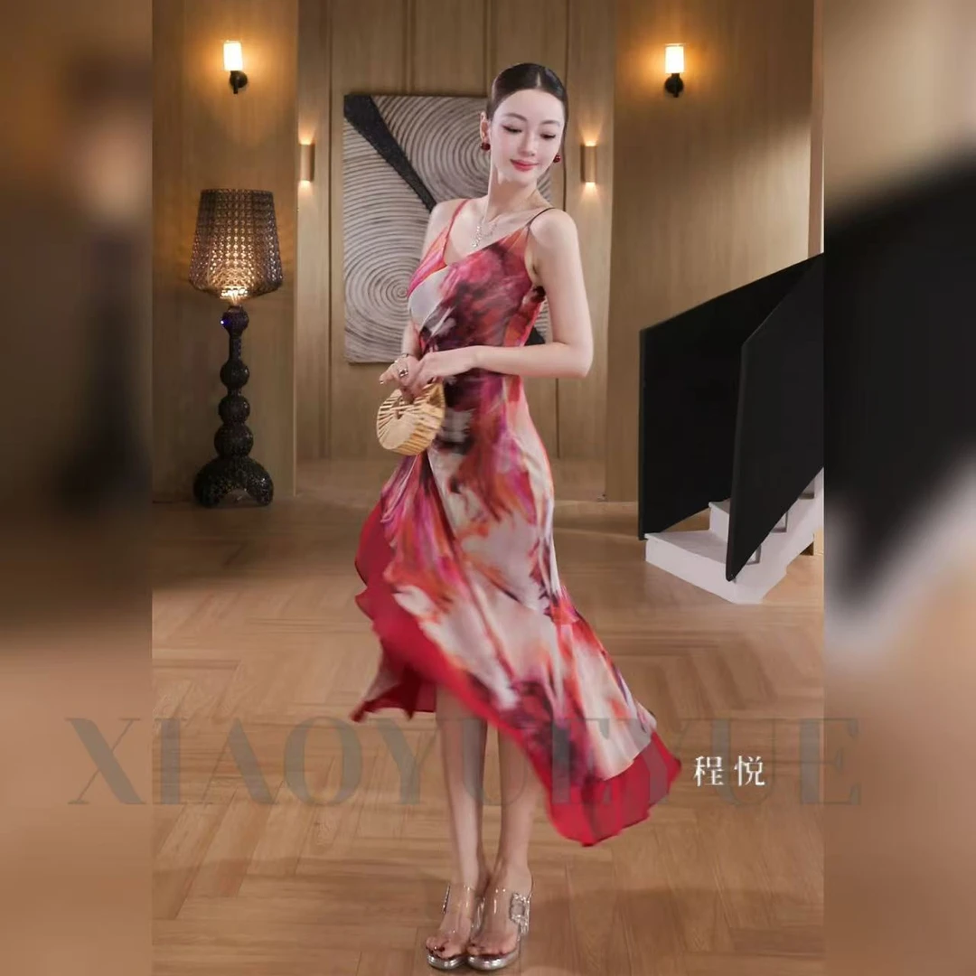 【本期爆款】A-02162春夏时尚晕染印花气质高级夏季连衣裙