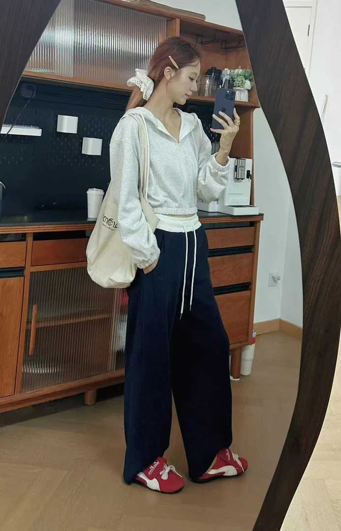 姜十八「浮生如梦」阔腿卫裤新款简约纯色拼接撞色腰加绒