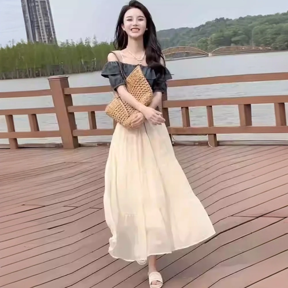 夏装搭配一整套女2025新款小香风一字肩牛仔衬衫网纱半身裙两件套