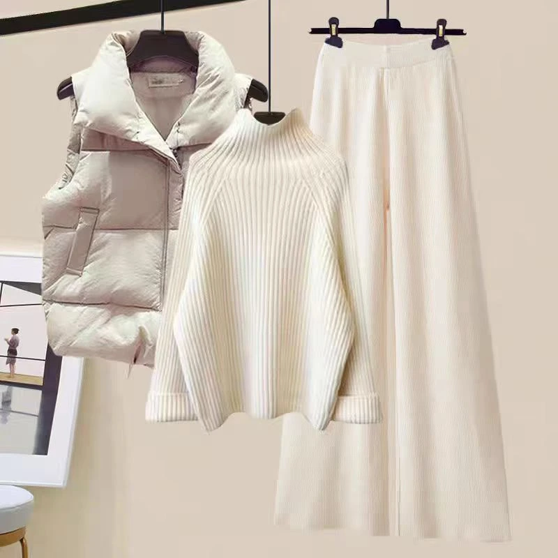 秋冬穿搭一整套2025新款洋气棉服马甲高领毛衣显瘦阔腿裤三件套女