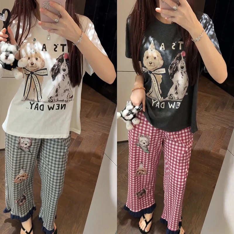 【mimius】喵 卡通狗狗印花蝴蝶结上衣+格纹长裤家居服套装 G05506