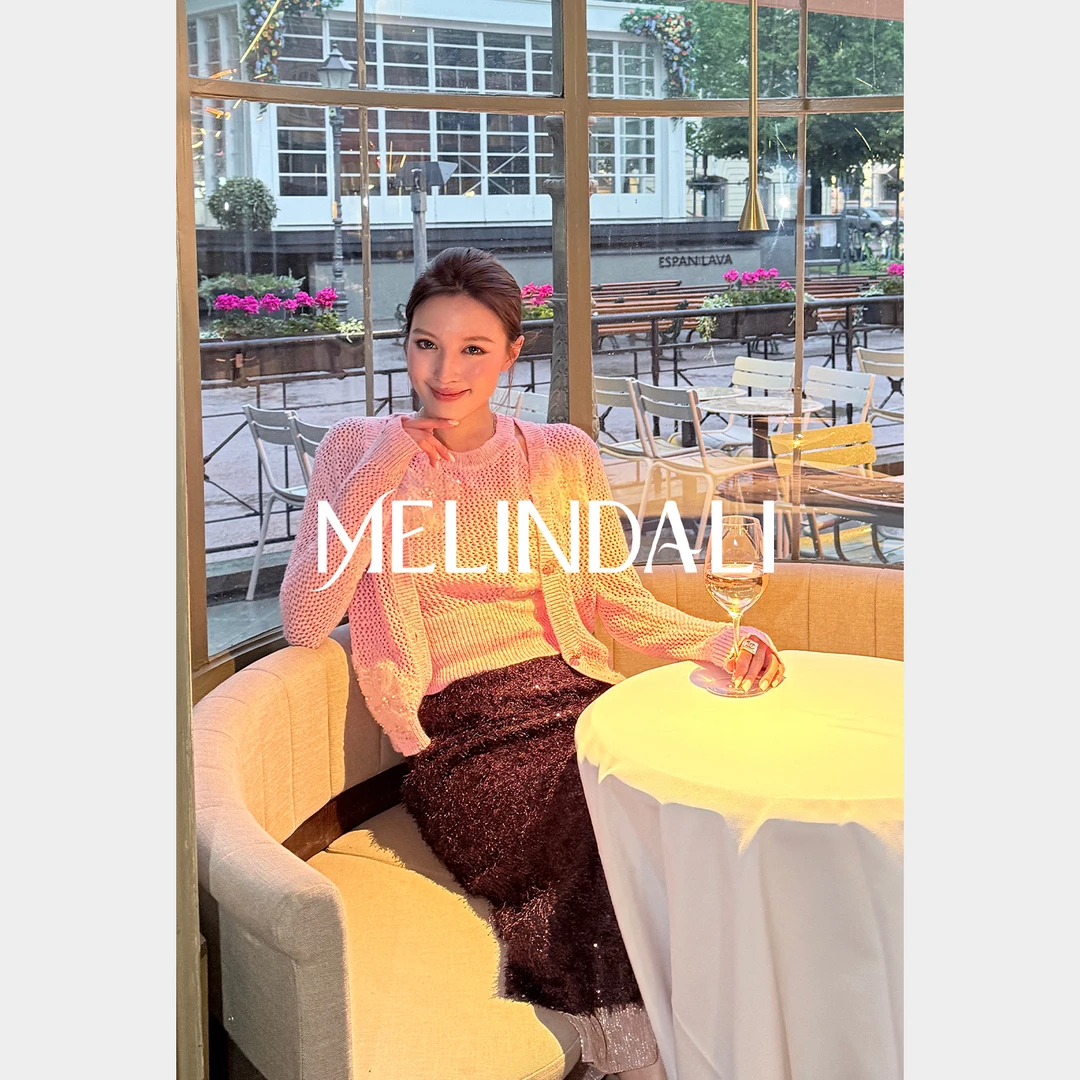 Melinda Li【彩宝山茶】小香风珠片花纱千金贵气感针织背心开衫套装