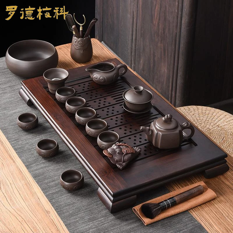 家用小户型胡桃色高档茶盘紫砂功夫茶具套装现代实木沥水茶台托盘